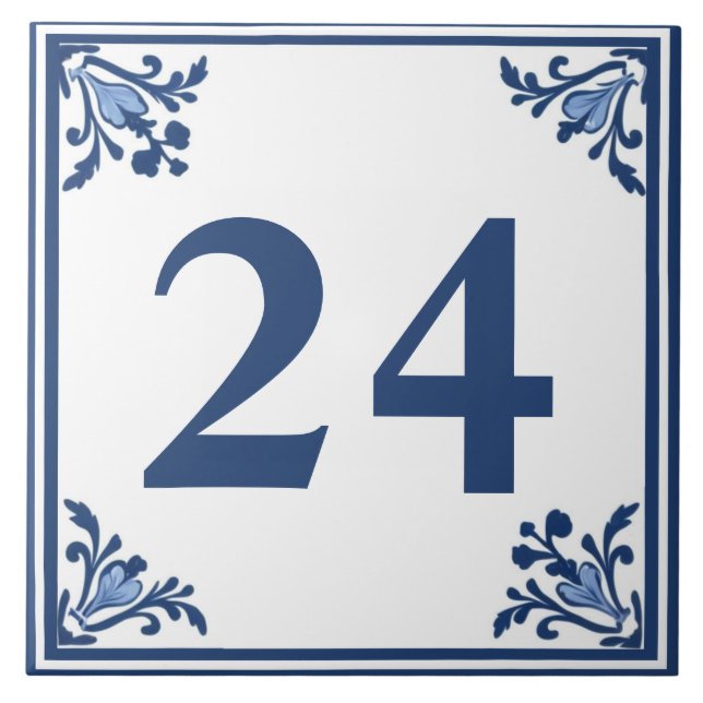 Blue White Delft Simple Floral Custom House Number Tile (Front)
