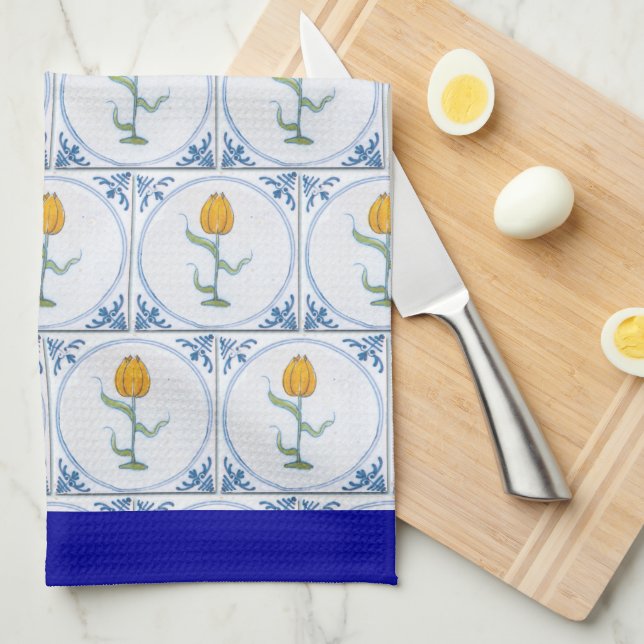 Blue White Delft Tulip Tile Pattern Blue Border Kitchen Towel (Quarter Fold)