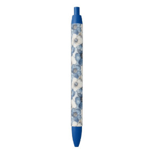 Blue White Denim Floral Black Ink Pen
