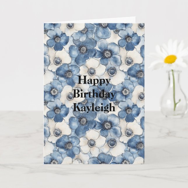 Blue White Denim Flowers Birthday Card (Small Plant)