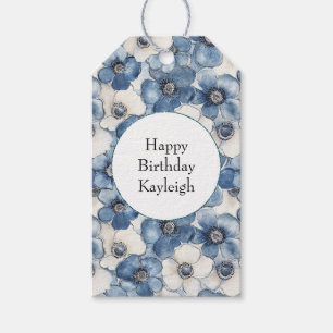 Blue White Denim Flowers Birthday Gift Tags
