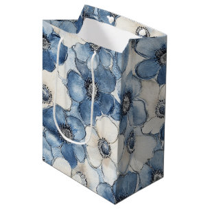 Blue White Denim Flowers Birthday Medium Gift Bag