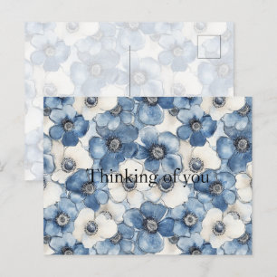 Blue White Denim Flowers Thinking of you Postcard