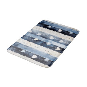 Blue White Denim Heart Stripes Birthday Bath Mat