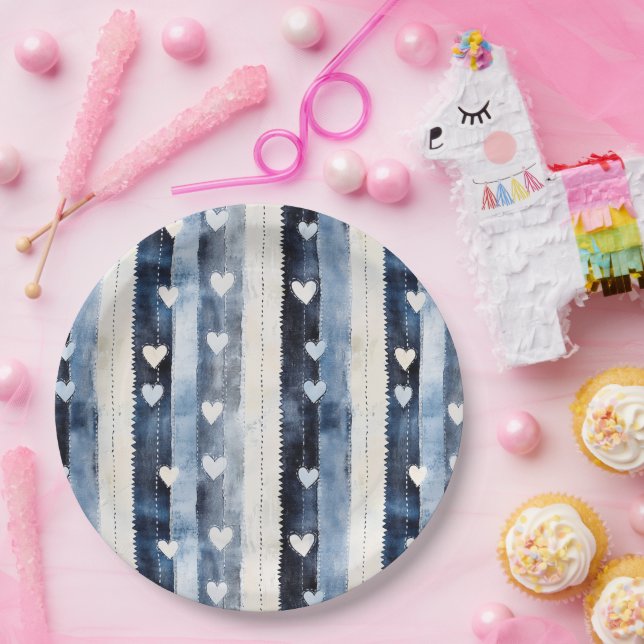 Blue White Denim Heart Stripes Birthday Paper Plate (Party)