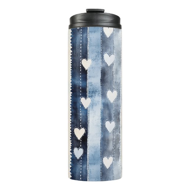 Blue White Denim Heart Stripes Birthday Thermal Tumbler (Front)