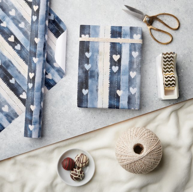Blue White Denim Heart Stripes Birthday Wrapping Paper (Crafts)