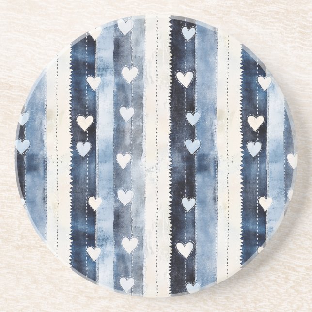 Blue White Denim Heart Stripes   Coaster (Front)