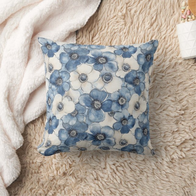 Blue White Denim Heart Stripes Floral  Throw Pillow (Blanket)
