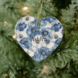 Blue White Denim Heart Stripes Flowers Christmas Ceramic Ornament