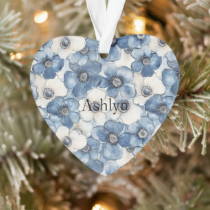 Blue White Denim Heart Stripes Flowers Christmas Ornament