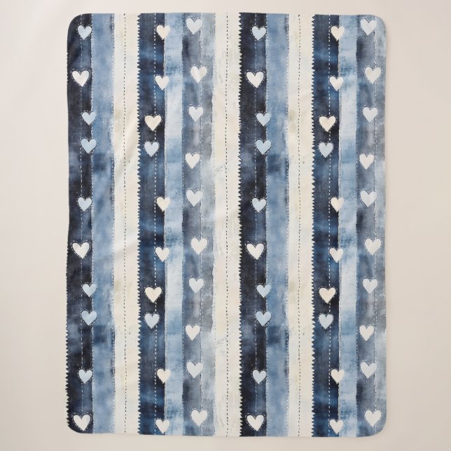 Blue White Denim Heart Stripes   Sherpa Blanket (Front)
