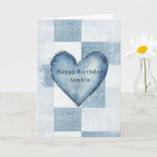 Blue White Denim Jean Heart Personalized Name Card