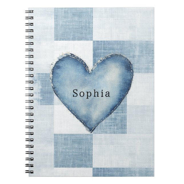 Blue White Denim Jean Heart Personalized Name Notebook (Front)