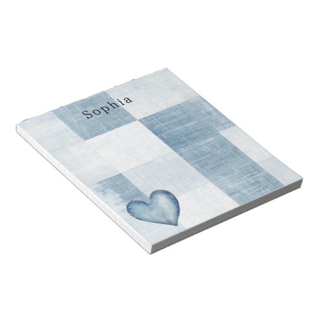 Blue White Denim Jean Heart Personalized Name Notepad (Angled)