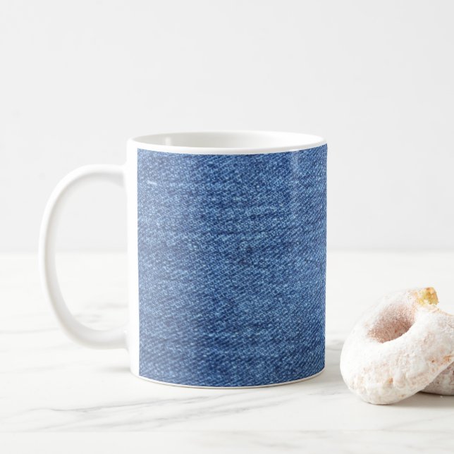 Blue White Denim Texture Look Image Coffee Mug (With Donut)