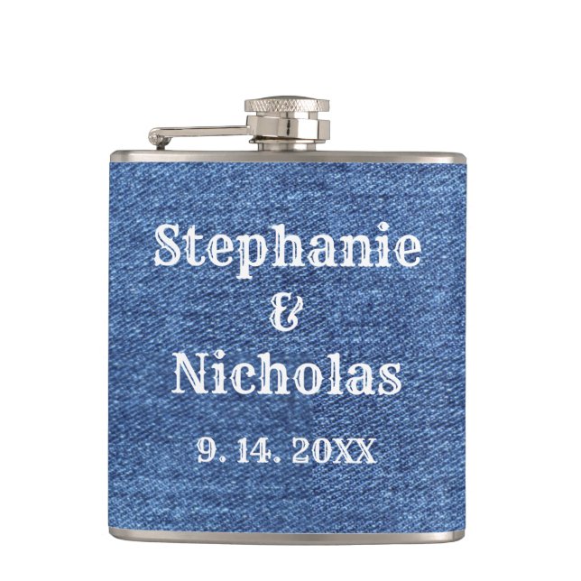 Blue White Denim Theme Wedding Hip Flask (Front)