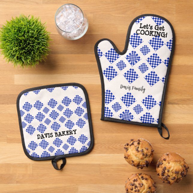 Blue White Diamond Check Oven Mitt & Pot Holder Set (Top Down)