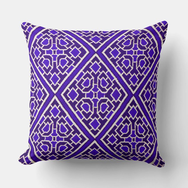 Blue White Diamond Pattern Faux Crewel Pillow (Front)