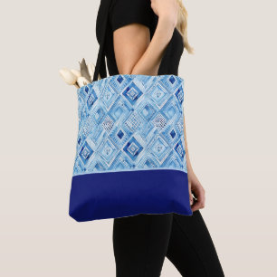 Blue, White Diamond-shaped Patchwork Color Block Tote Bag