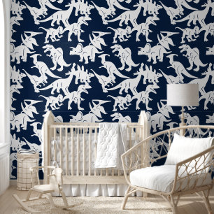 Blue White Dinosaur Baby Boy Nursery Peel & Stick Wallpaper