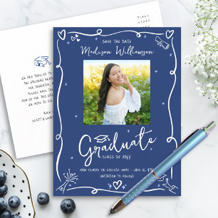 Blue White Doodles Graduation Save the Date Photo Invitation Postcard