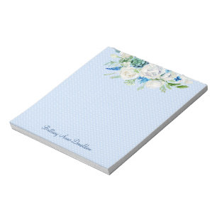 Blue White Dot Watercolor Floral Custom Monogram Notepad