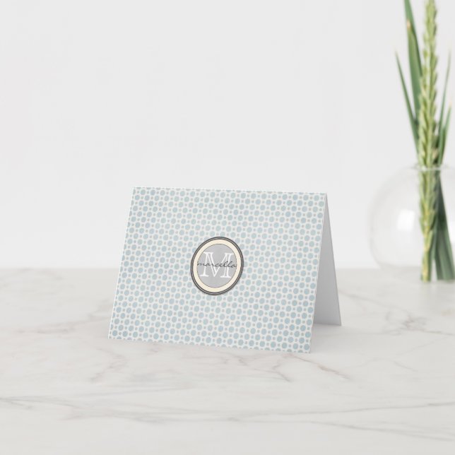 Blue White Dots Monogram Note Card (Front)