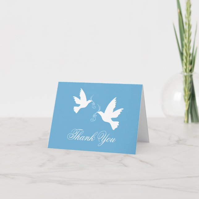 Blue white dove birds wedding thank you card (Front)