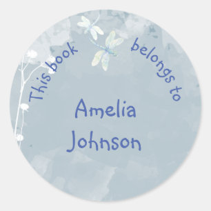 Blue White Dragonfly Book Plate Classic Round Sticker