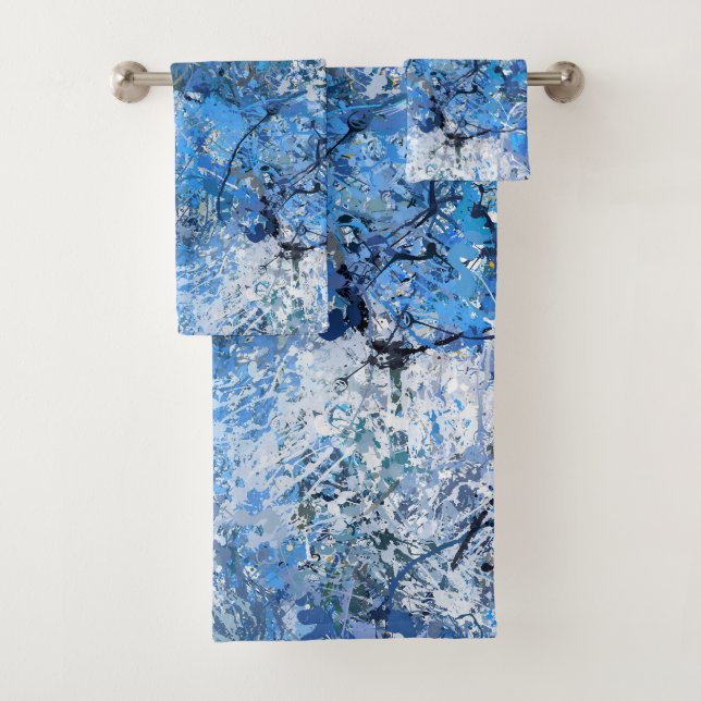 Blue White Drops Abstraction Bath Towel Set (Insitu)