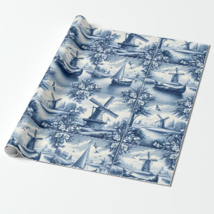Blue & White Dutch Landscape Pattern • Tile-Inspir Wrapping Paper