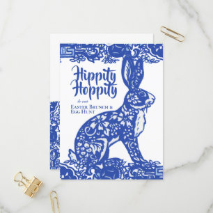 Blue & White Easter Bunny Brunch Egg Hunt Invitation Postcard