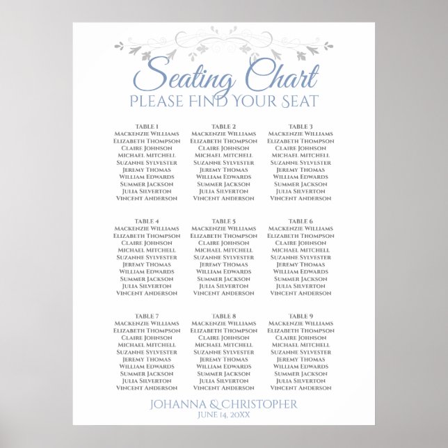 Blue & White Elegant 9 Table Wedding Seating Chart (Front)