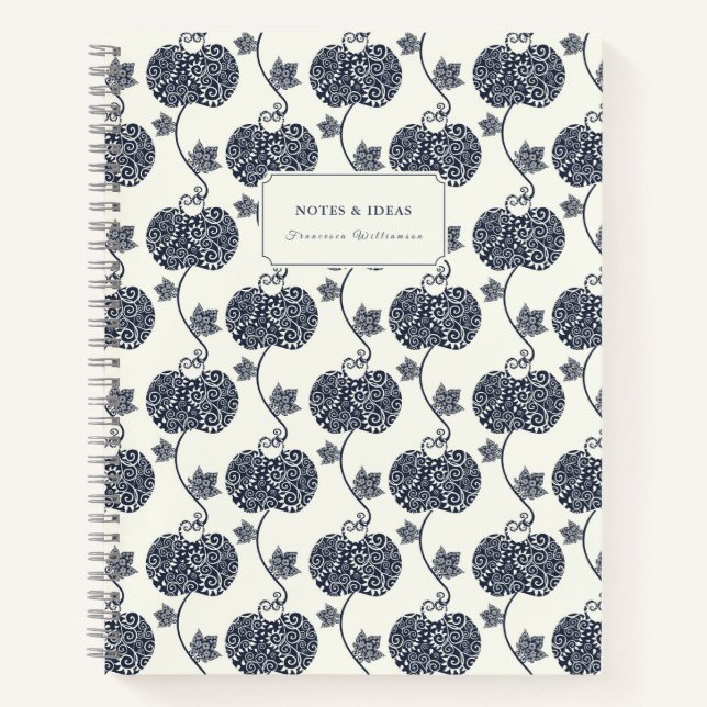 Blue White Elegant Apples Vintage Ornate Pattern Notebook (Front)
