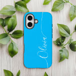 Blue White Elegant Calligraphy Script Name Case-Mate iPhone 14 Case<br><div class="desc">Blue White Elegant Calligraphy Script Custom Personalized Name iPhone 14 Smart Phone Cases features a modern and trendy simple and stylish design with your personalized name in elegant hand written calligraphy script typography on a blue background. Designed by ©Evco Studio www.zazzle.com/store/evcostudio</div>