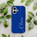 Blue White Elegant Calligraphy Script Name iPhone 16 Case<br><div class="desc">Blue White Elegant Calligraphy Script Custom Personalized Name iPhone 16 Smart Phone Cases features a modern and trendy simple and stylish design with your personalized name in elegant hand written calligraphy script typography on a blue background. Designed by ©Evco Studio www.zazzle.com/store/evcostudio</div>