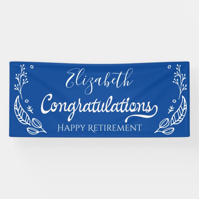 Blue White  Elegant  Monogram Happy Retirement Banner (Horizontal)