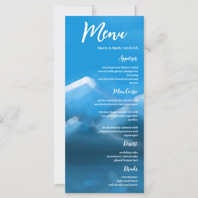 Blue & White Elegant Mountains Wedding Menu (Front)