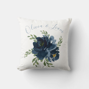 Blue & White Elegant Names Watercolor Wedding Throw Pillow