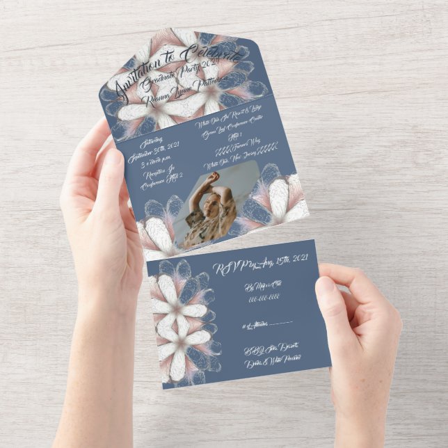 Blue White Elegant Script Photo Flowers Graduation All In One Invitation (Tearaway)