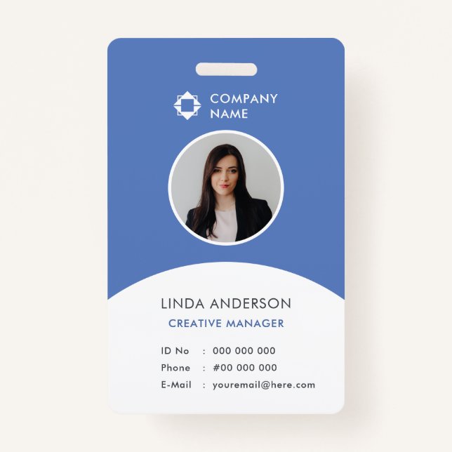 Blue White Employee Photo ID Company Logo Modern Badge (Front)