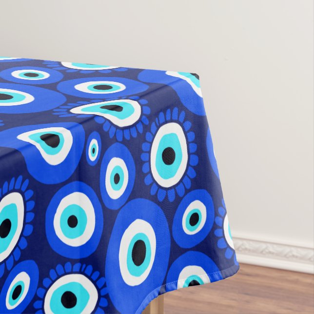Blue White Evil Eye Lucky Charm Symbol Patterned Tablecloth (In Situ)