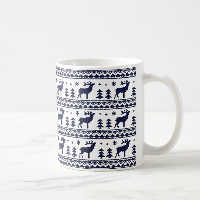 Blue White Fair Isle Christmas Sweater Pattern Coffee Mug (Right)