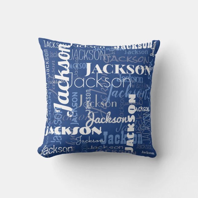 Blue White Family Name Pattern Modern Typography Throw Pillow (Front)