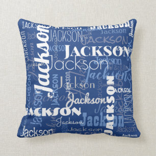 Blue White Family Name Pattern Modern Typography Throw Pillow