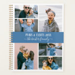 Blue White Family Photo Collage Planner<br><div class="desc">Stylish planner you can personalize with six of your own photos in a minimalist photo collage. Personalize further with your name or family name in white calligraphy letters. The back features a pattern of preppy blue and white stripes.</div>