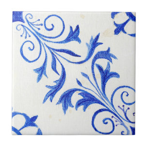Blue White Farmhouse Rustic Scroll n Leaf Pattern Tile