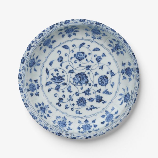 Blue white faux porcelain floral chinoiserie flow paper plate (Front)