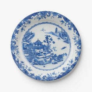 Blue white faux porcelain flow chinoiserie willow paper plate